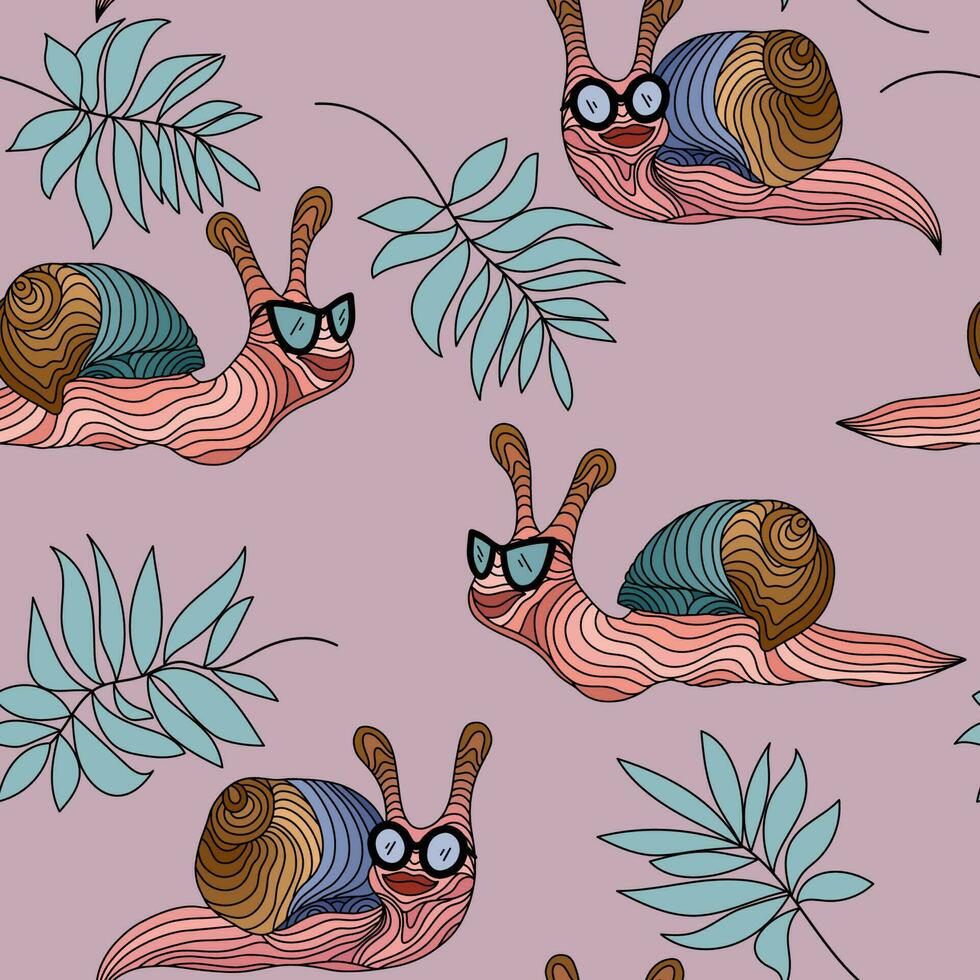 Seamless vector pattern with abstract blue, beige and green striped snails and leaves. Cartoon clams with glasses on a pink background. Perfect design for wrapping paper, postcards and textiles.