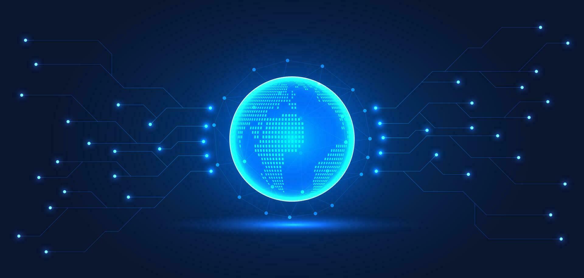Global blockchain technology network that connects smart technology to provide instant access to information anywhere to expand business globally. vector