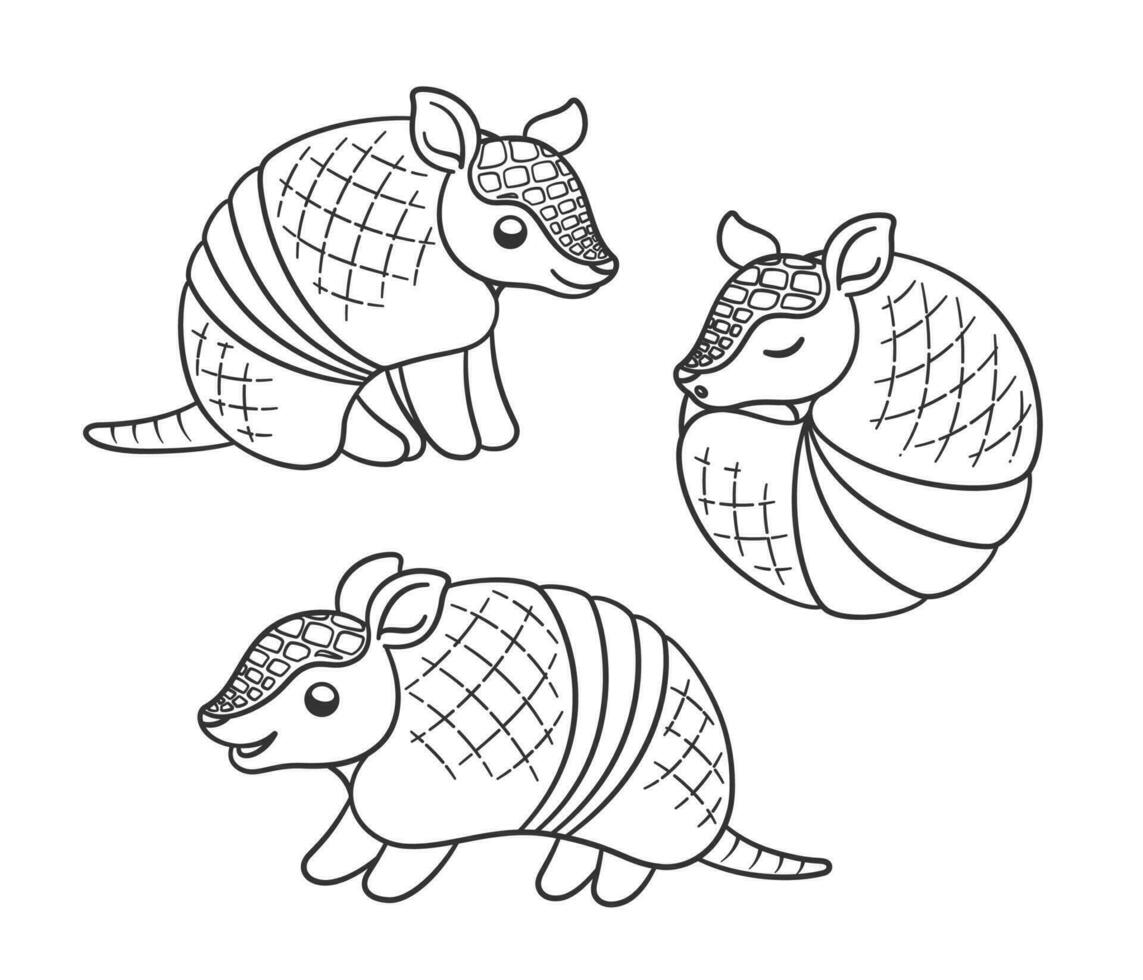 Armadillo cartoon outline in different poses vector illustration set. Sitting, standing and rolled up into a ball. Cute animal coloring book page for kids.