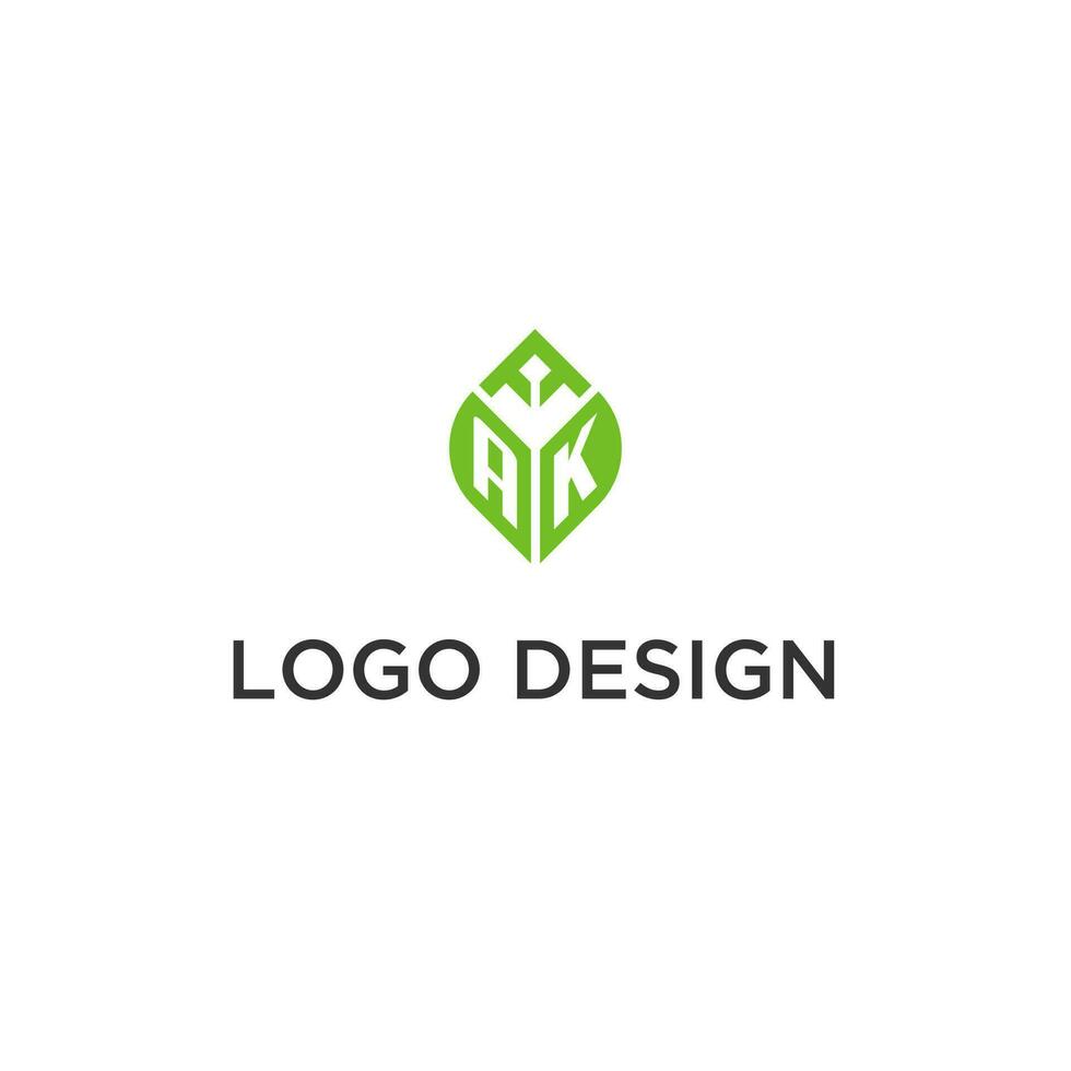 AK monogram with leaf logo design ideas, creative initial letter logo with natural green leaves vector