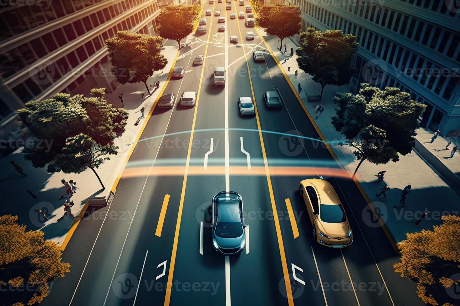 A self driving car navigating through city. Technology iot. Smart city. photo