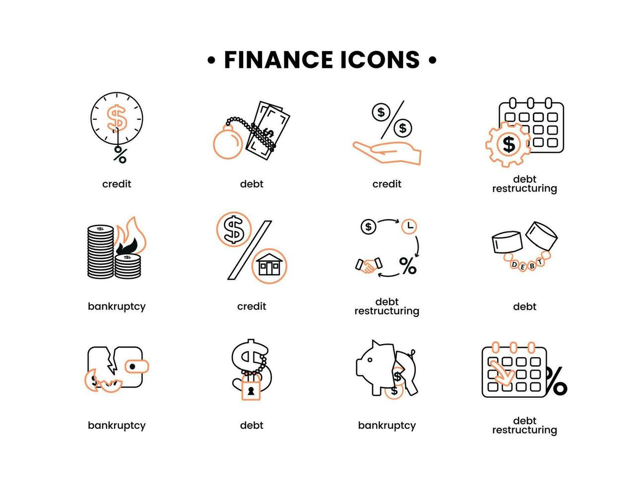 finanzas. vector ilustración conjunto de íconos deuda, deuda reestructuración, bancarrota, crédito.