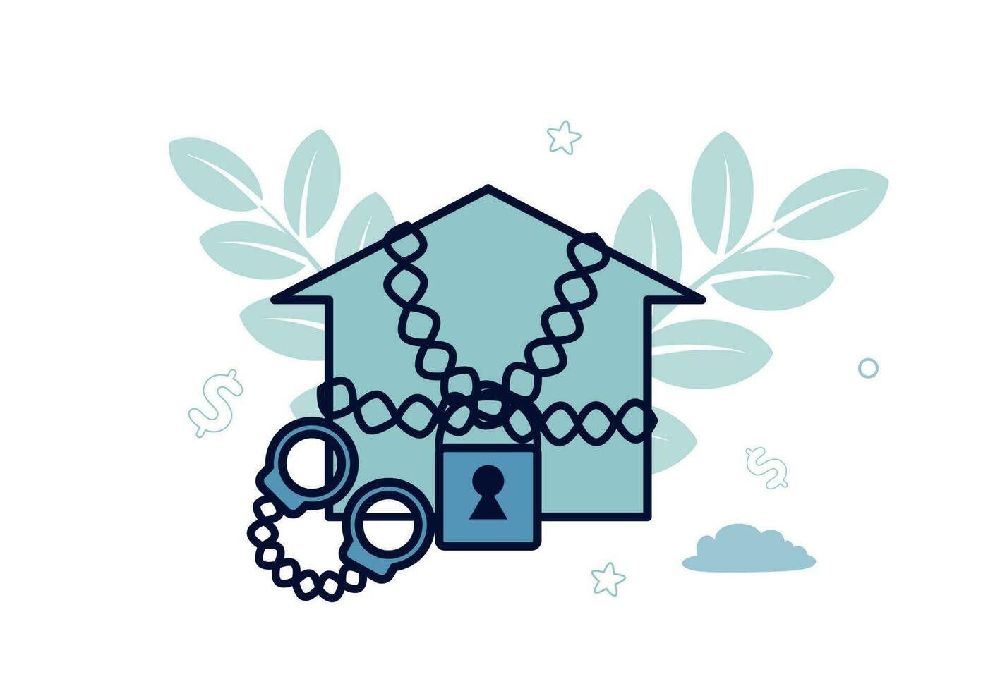 Finance. Foreclosure. House with chain and padlock on debt with foreclosure caption. Vector illustration
