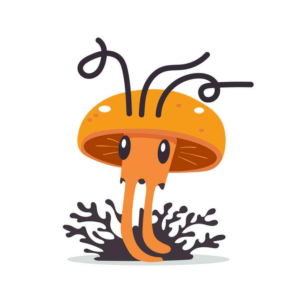 Cute mushroom. Cartoon fungus cordyceps. Mushroom spread concept. Microorganisms. Funny character on white background vector