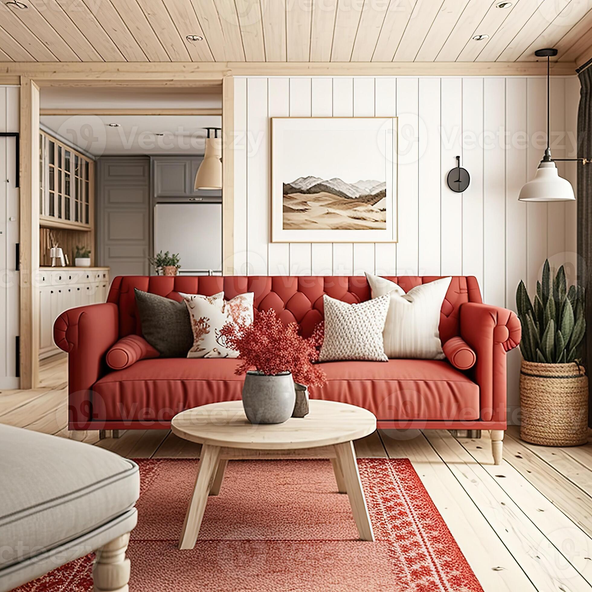 Cozy Living Room With Red Sofa In