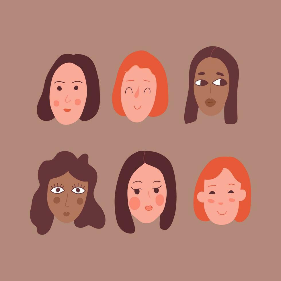 avatar de mujer establece ilustración vectorial. Hermoso retrato de chicas jóvenes con un estilo de cabello diferente aislado de fondo blanco vector