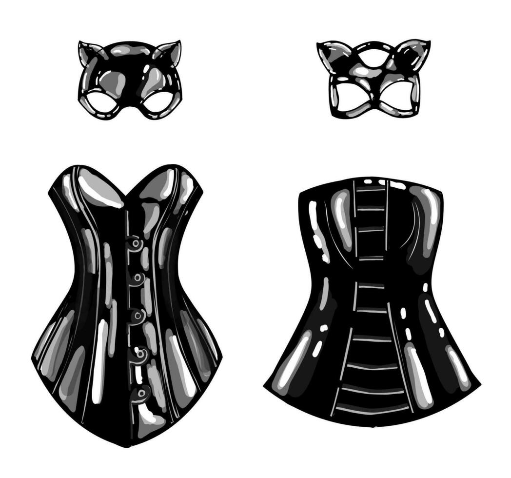 latex cat and rabbit mask. black latex. female corset. fetish. vector