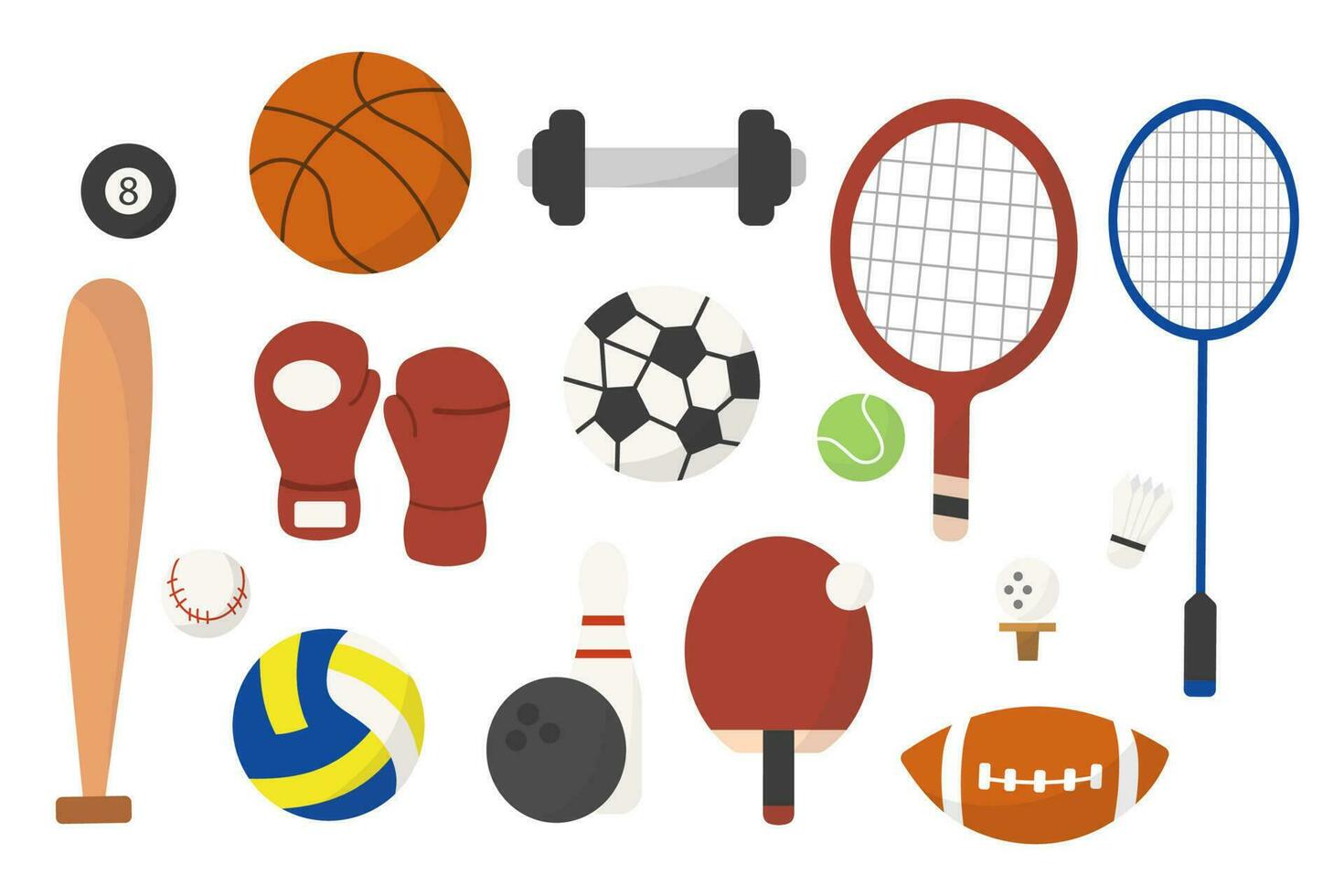 Sports equipment cartoon illustration. Vector hand drawn elements sports games equipment.
