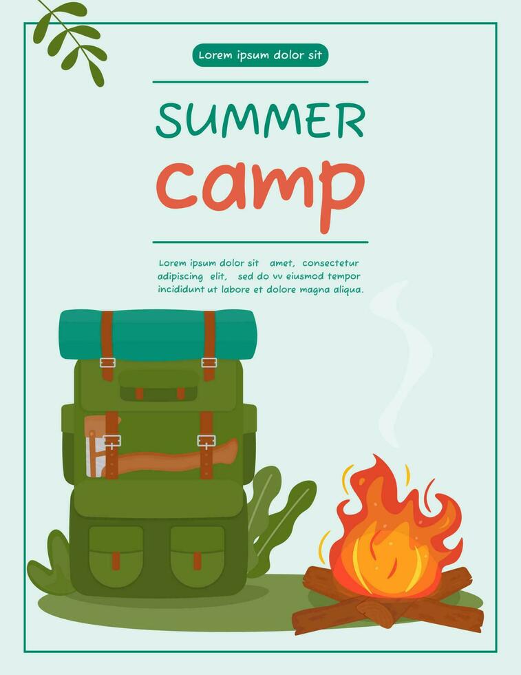 A4 poster for summer camping, travel, trip, hiking, tourist, nature, travel, picnic. Design of a poster, banner, leaflet, cover, special offer, advertisement. Vector illustration in a flat style.