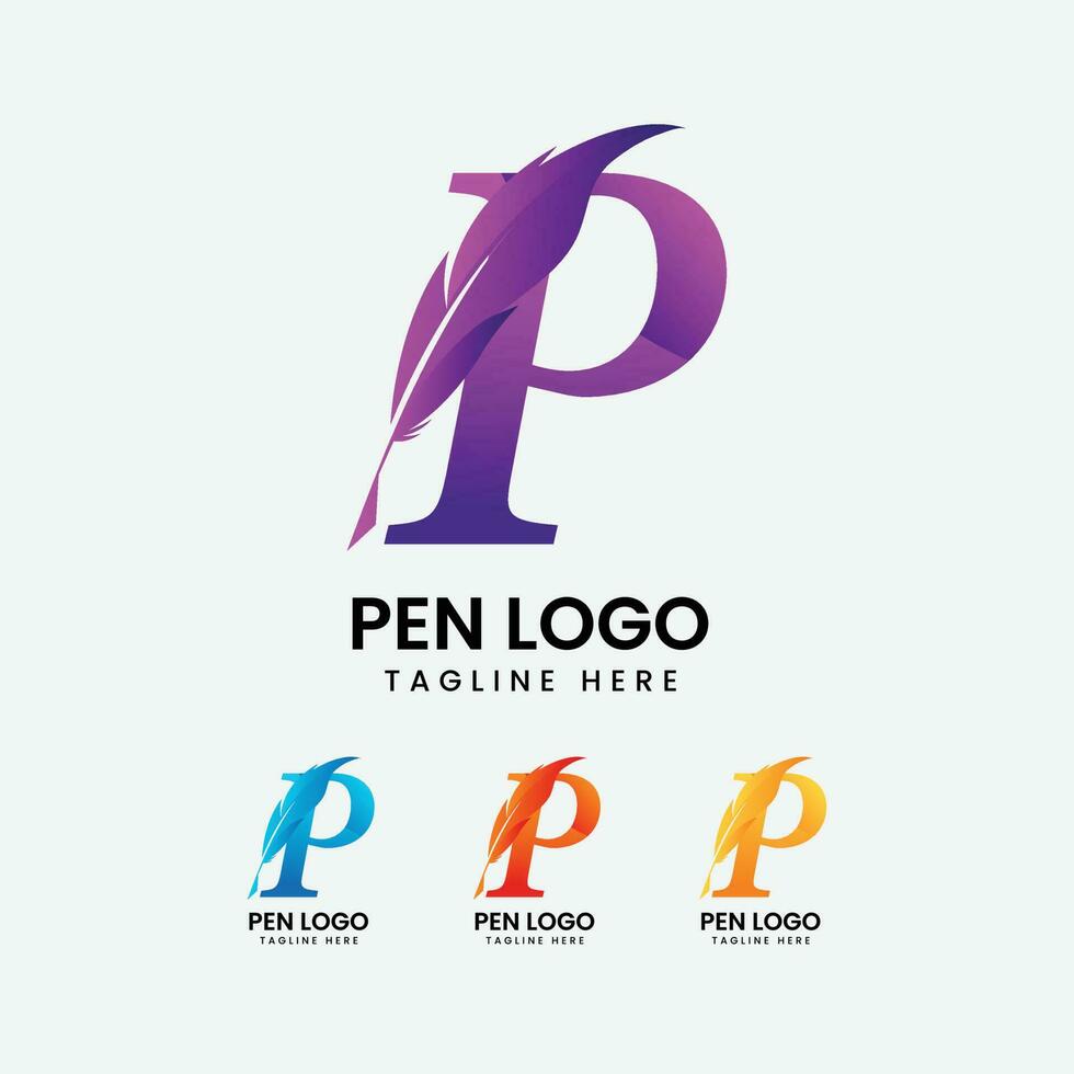 Quill pen logo and P letter logo vector template design.