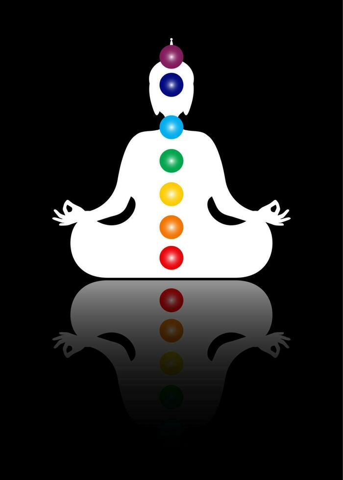 Sitting Buddha silhouette in meditation with chakras. Seven chakras, energy body and Yogi meditating in the lotus position. Vector illustration isolated on black background