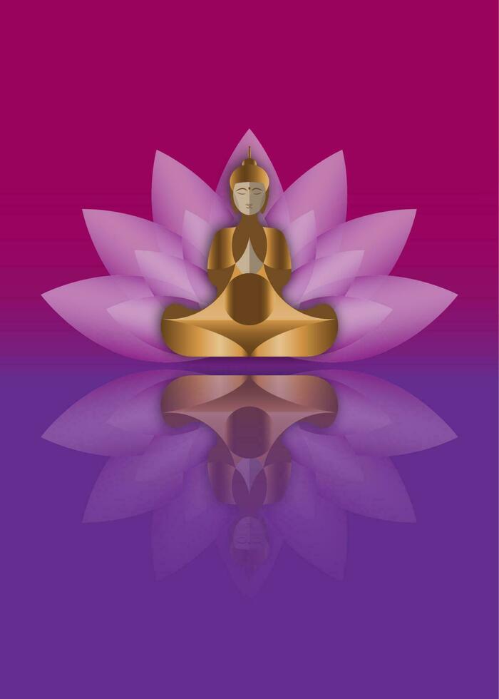 Happy Buddha Purnima Vesak, Buddhist festival, Golden Buddha sitting on a lotus flower in meditation. Vector illustration isolated on purple background