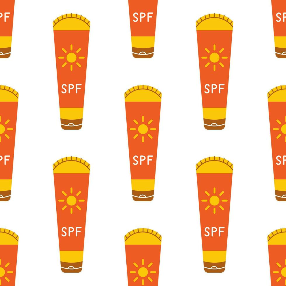 Vector seamless pattern with sunscreen tube. Sun safety cream on white background. Sunscreen product with SPF.