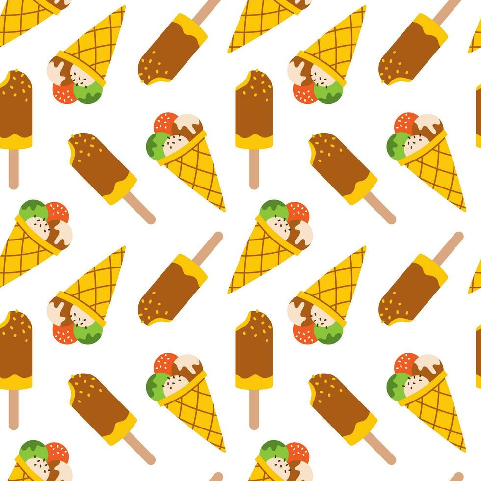 Vector seamless pattern with ice cream. Background with waffle cone with scoops of ice cream and ice cream on chocolate glaze on stick. Pattern with summer desserts.