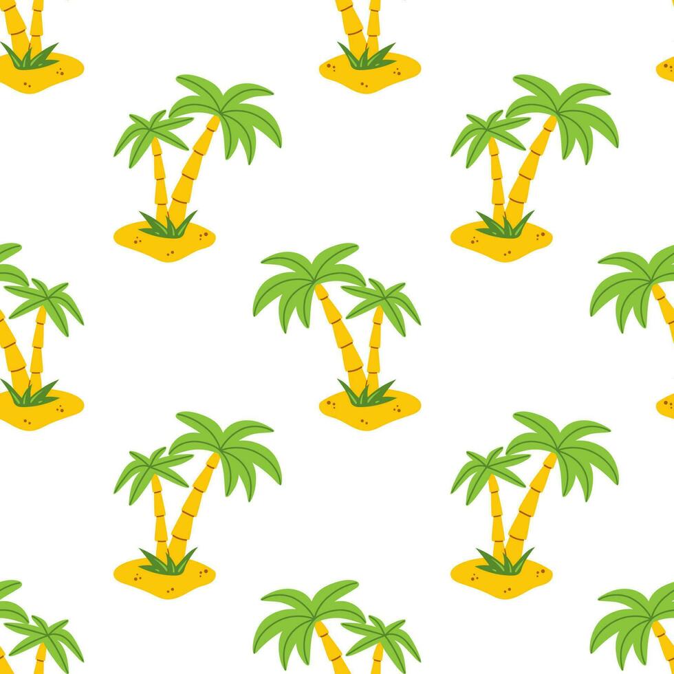 Vector seamless pattern with palm tree in flat design. Two palm trees on the beach. Summer tropical background with coconut tree. Pattern with exotic landscape with palm trees.