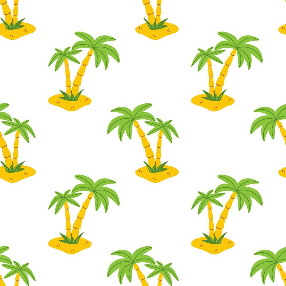 Vector seamless pattern with palm tree in flat design. Two palm trees on the beach. Summer tropical background with coconut tree. Pattern with exotic landscape with palm trees.