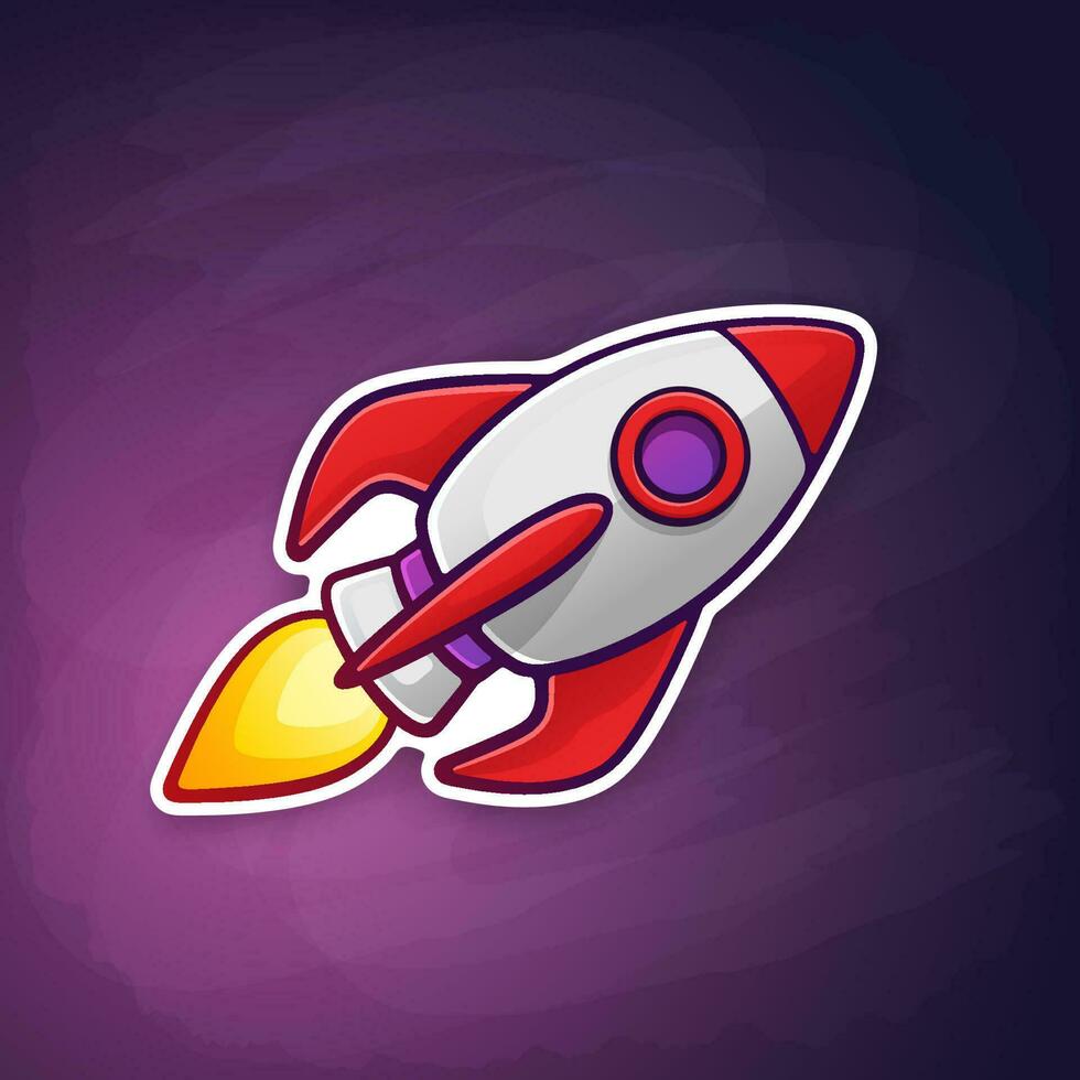 Rocket space ship with a flame from a turbine flying on the space background. Sticker in cartoon style with contour. Concept of business startup vector