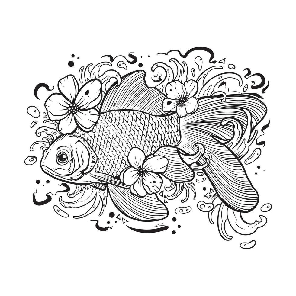 negro tatuaje pez, pez dorado, koi pescado en blanco antecedentes vector