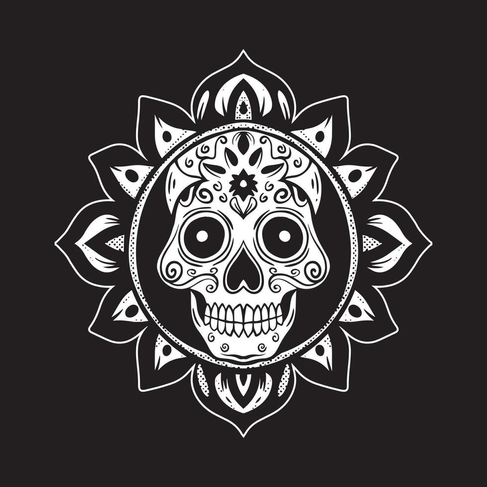 A skull with a floral pattern art Illustration hand drawn style black and white premium vector