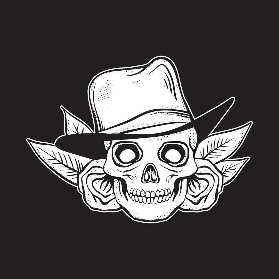 A skull with a hat and roses art Illustration hand drawn style black and white premium vector