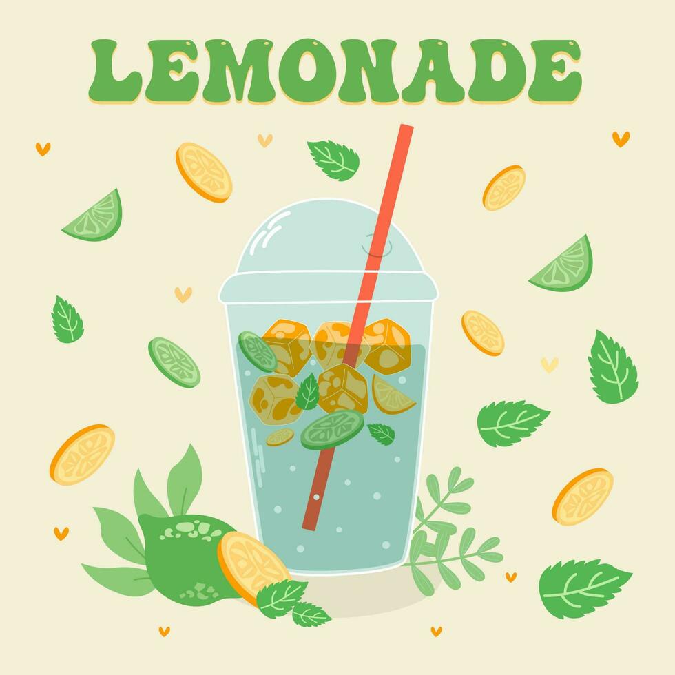 Lemonade and  drink in a jug and a glass with slices of lemon and ice. vector illustrator