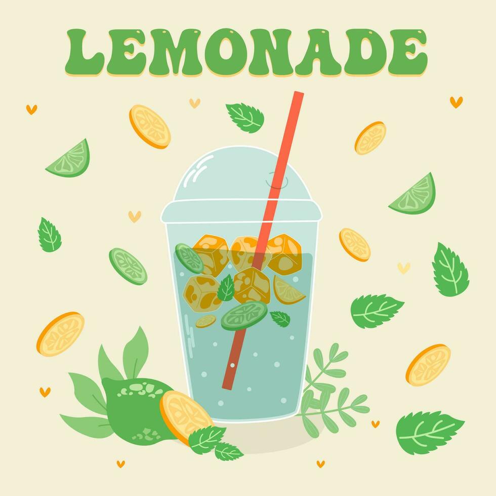 limonada y bebida en un jarra y un vaso con rebanadas de limón y hielo. vector ilustrador