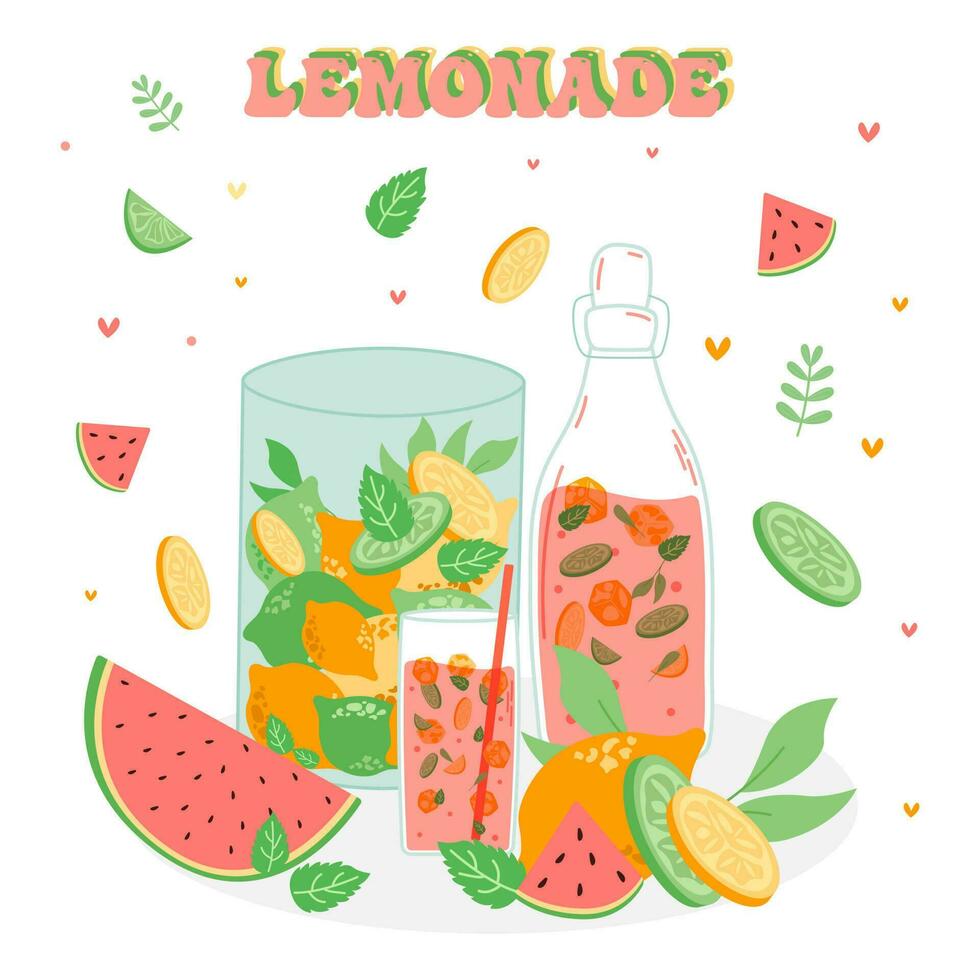 limonada y sandía bebida en un jarra y un vaso con rebanadas de limón y hielo. vector ilustrador