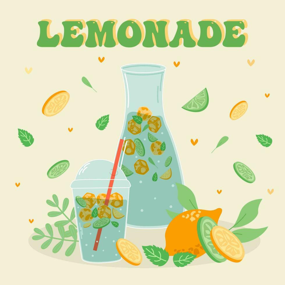 limonada y bebida en un jarra y un vaso con rebanadas de limón y hielo. vector ilustrador