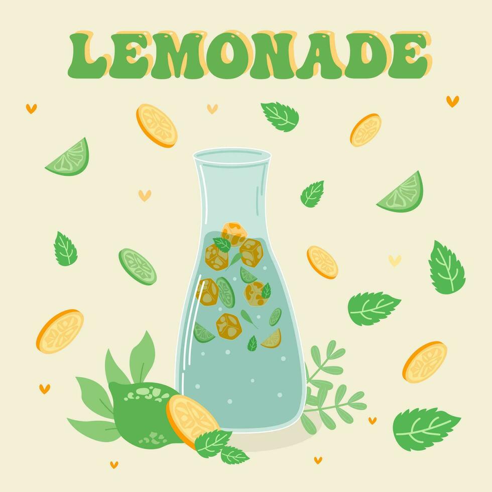 limonada y bebida en un jarra y un vaso con rebanadas de limón y hielo. vector ilustrador