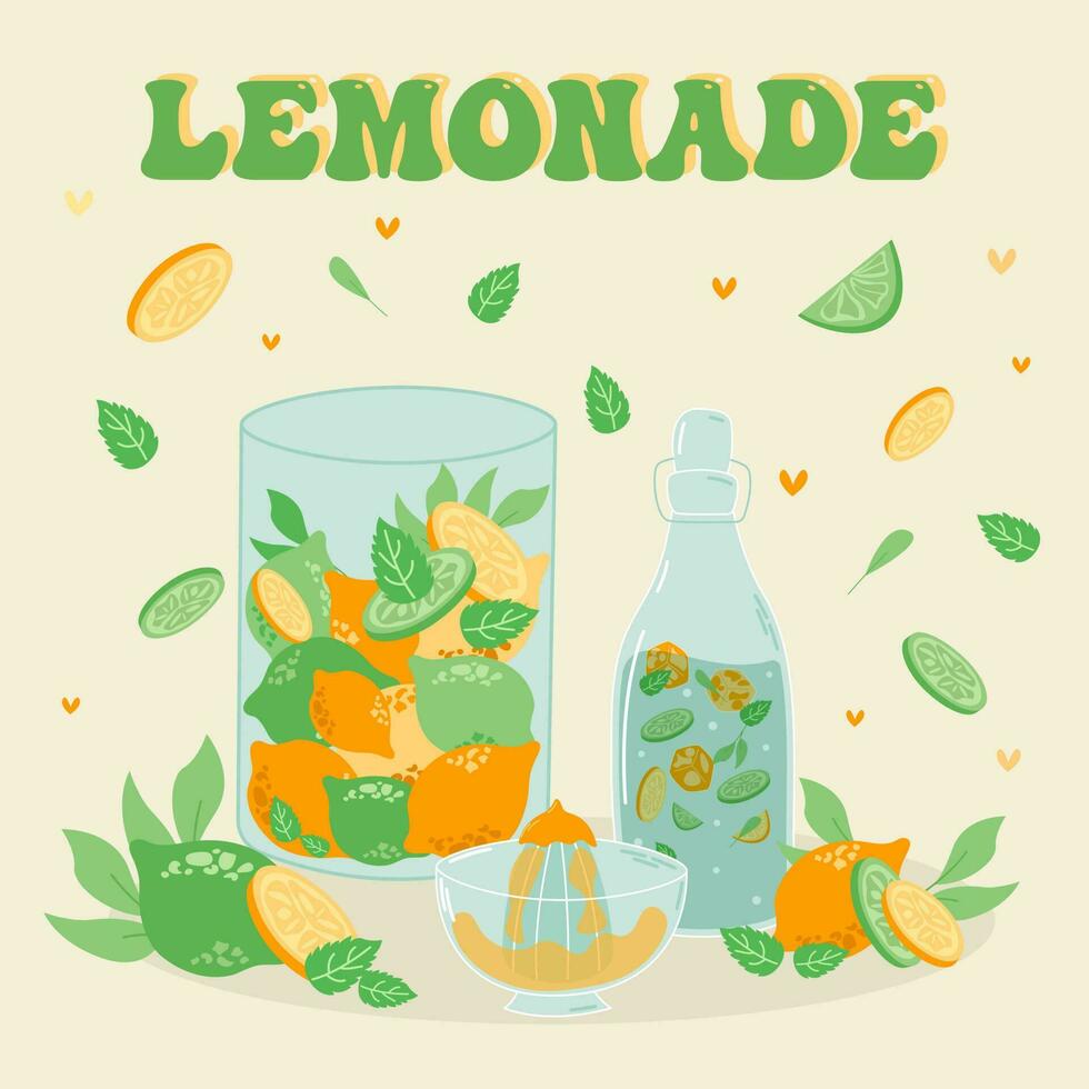 Lemonade and  drink in a jug and a glass with slices of lemon and ice. vector illustrator