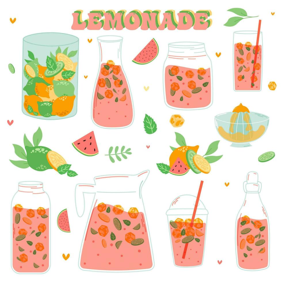 limonada y sandía bebida en un jarra y un vaso con rebanadas de limón y hielo. vector ilustrador