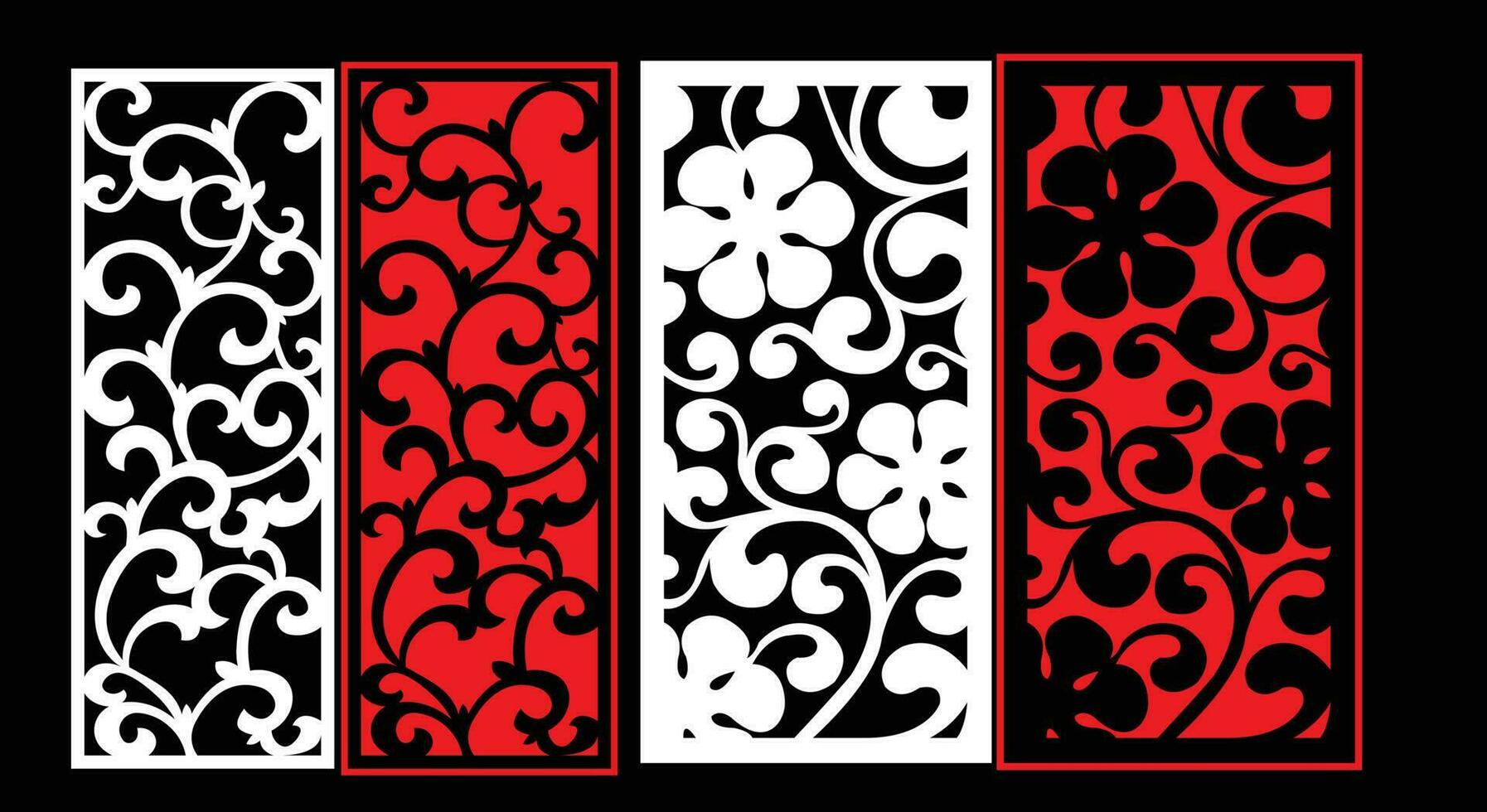 Decorative wall panels set Jali design CNC pattern, laser cutting pattern, router CNCcutting.Jali Laser cut decorative panel set with lace pattern. vector
