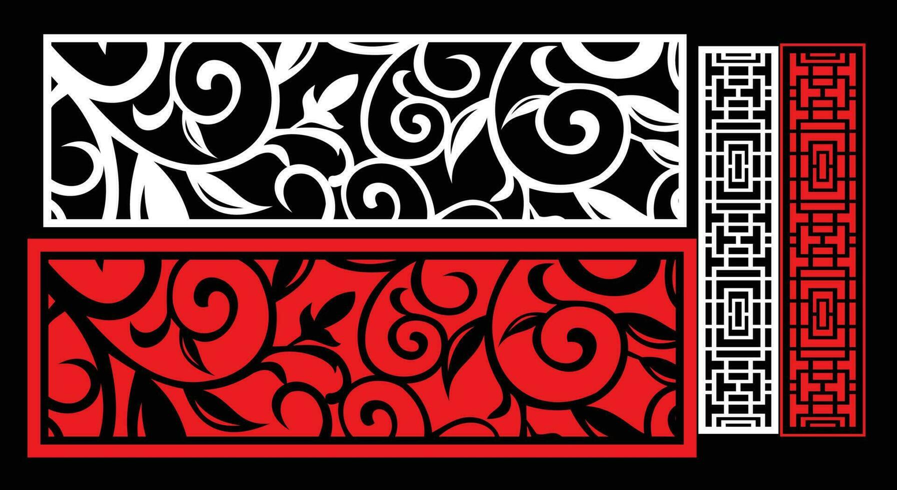 Decorative wall panels set Jali design CNC pattern, laser cutting pattern, router CNCcutting.Jali Laser cut decorative panel set with lace pattern. vector