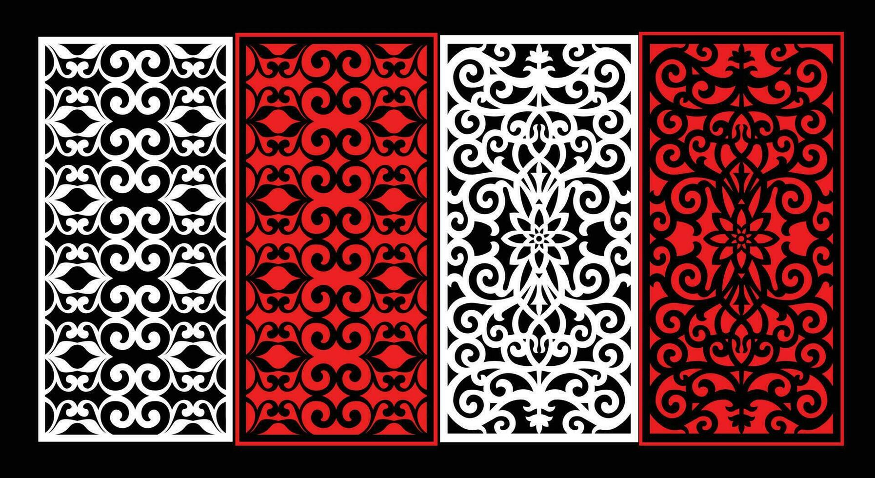 Decorative wall panels set Jali design CNC pattern, laser cutting pattern, router CNCcutting.Jali Laser cut decorative panel set with lace pattern. vector