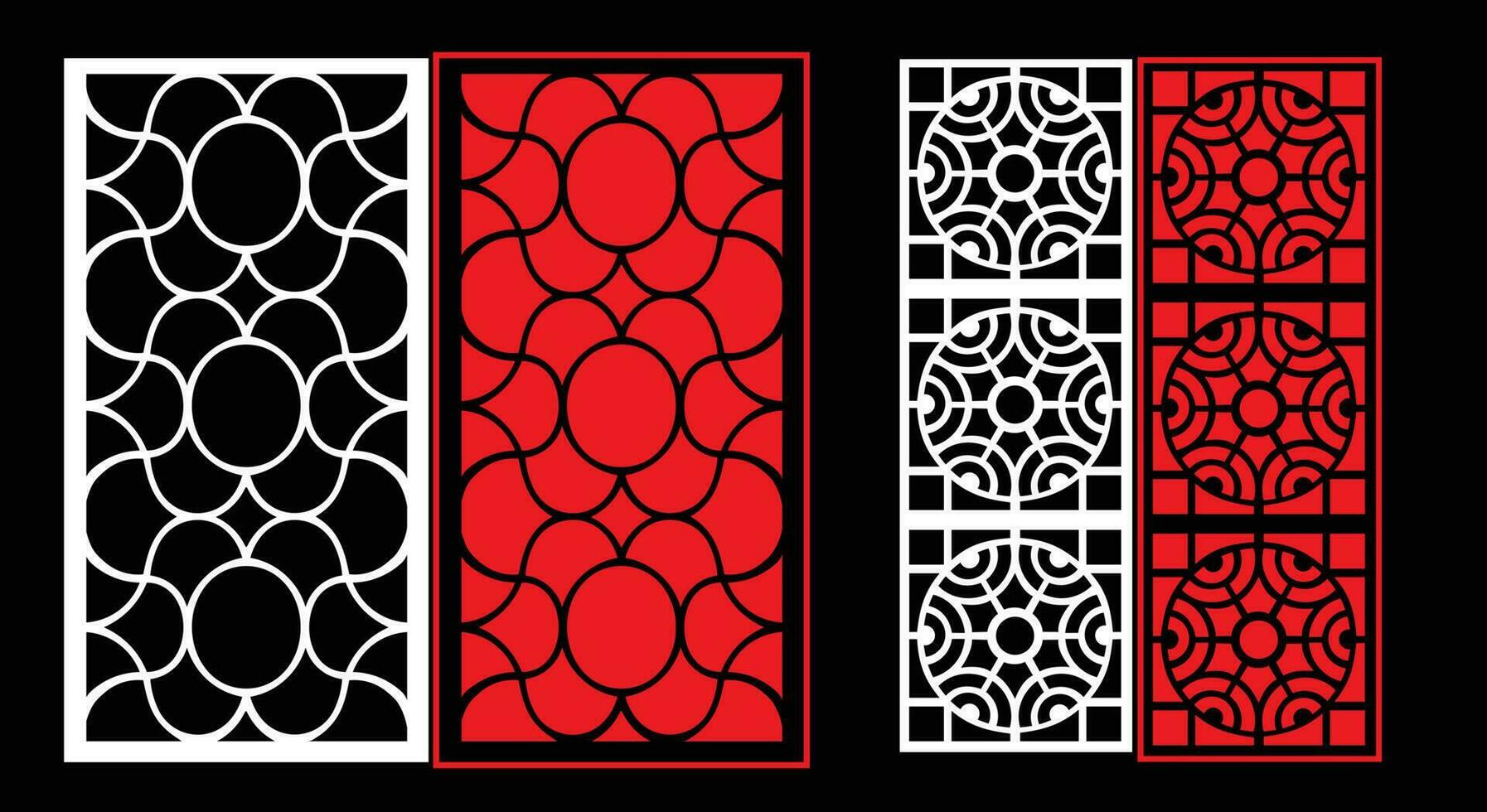 Decorative wall panels set Jali design CNC pattern, laser cutting pattern, router CNCcutting.Jali Laser cut decorative panel set with lace pattern. vector