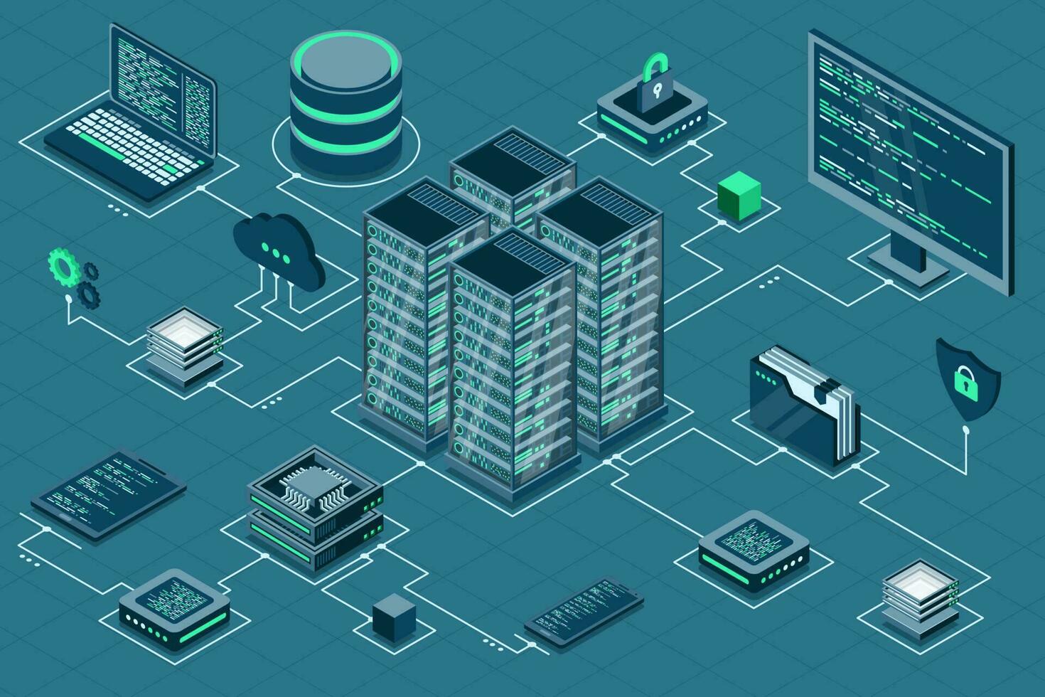 computadora tecnología isométrica ilustración. cálculo de grande datos centro. nube informática. en línea dispositivos subir y descargar información. moderno 3d isométrica vector ilustración