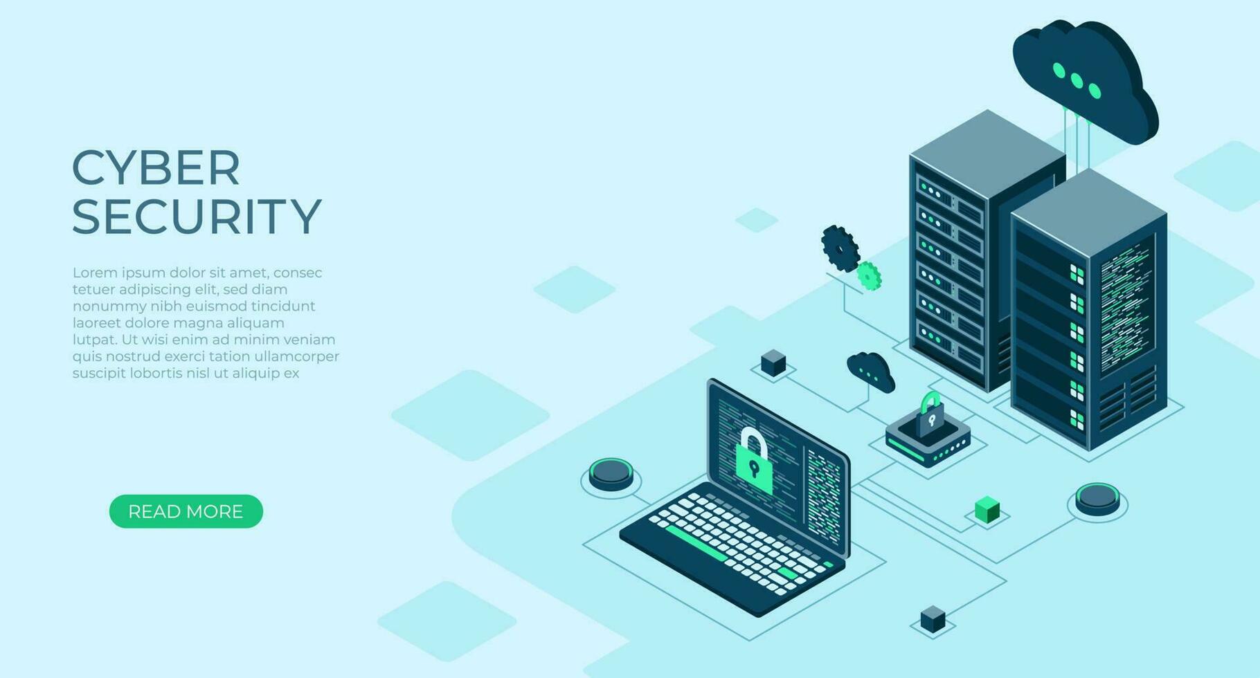 Cyber data security. Internet security isometric concept. Server room connected with laptop through protected hub. Online server protection system concept. Vector illustration