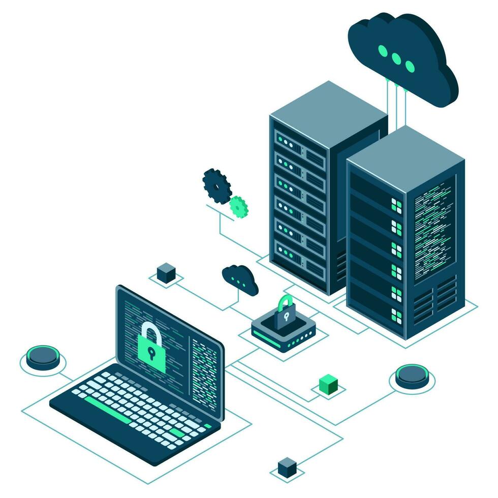 Cyber data security. Internet security isometric concept. Server room connected with laptop through protected hub. Computing internet digital technology. Vector illustration