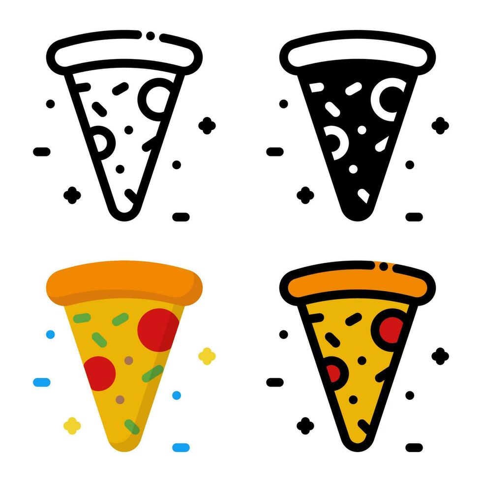 Pizza icon set. Colorful cartoon pizza icon. Pizza slice icon. Pizza logo. Fast food symbol. Vector illustration