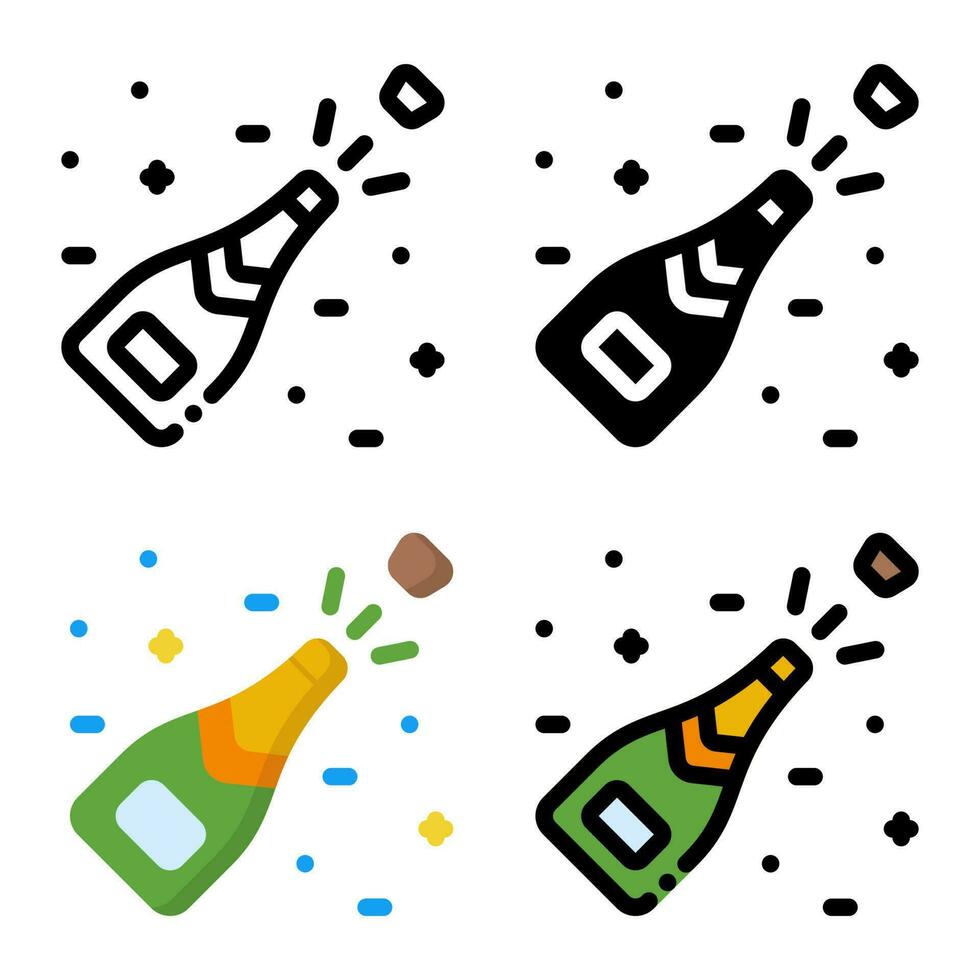 Champagne icon set. Colorful cartoon champagne icon. Champagne bottle explosion. Champagne logo. Vector illustration