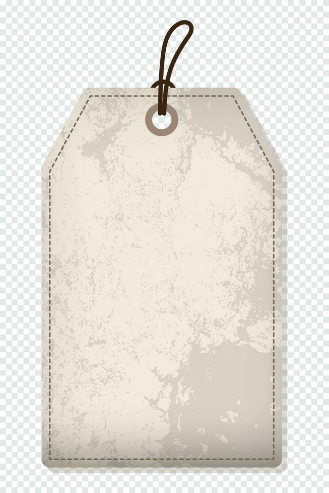 Blank old paper label or cloth tag. Brown price tag with rope. Template shopping label. Blank discount and price tag on paper. Vintage price tag. Vector illustration