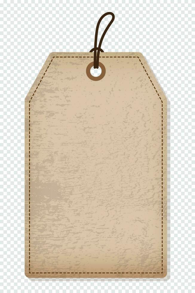Blank old paper label or cloth tag. Brown price tag with rope. Template shopping label. Blank discount and price tag on paper. Vintage price tag. Vector illustration
