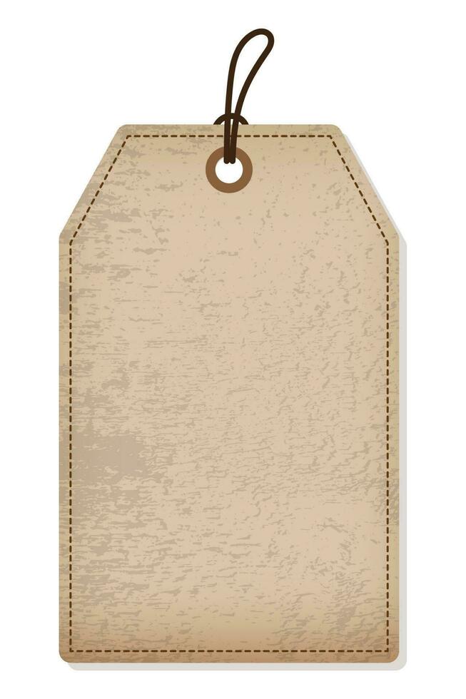 Blank old paper label or cloth tag. Brown price tag with rope. Template shopping label. Blank discount and price tag on paper. Vintage price tag. Vector illustration