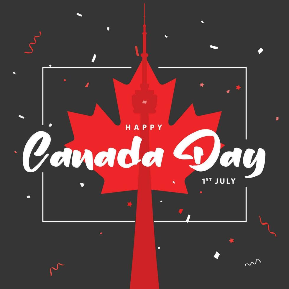 celebration of Happy 1st July Canada Day background with Maple leaf, confetti and CN Tower vector