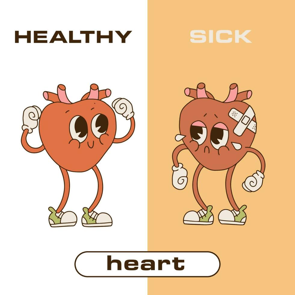 Heart Human Internal Organ Healthy Vs Unhealthy, Medical Anatomic Funny 90s style Retro Cartoon Character. Pair In Comparison Happy Against Sick And Damaged. Contour vector illustration.