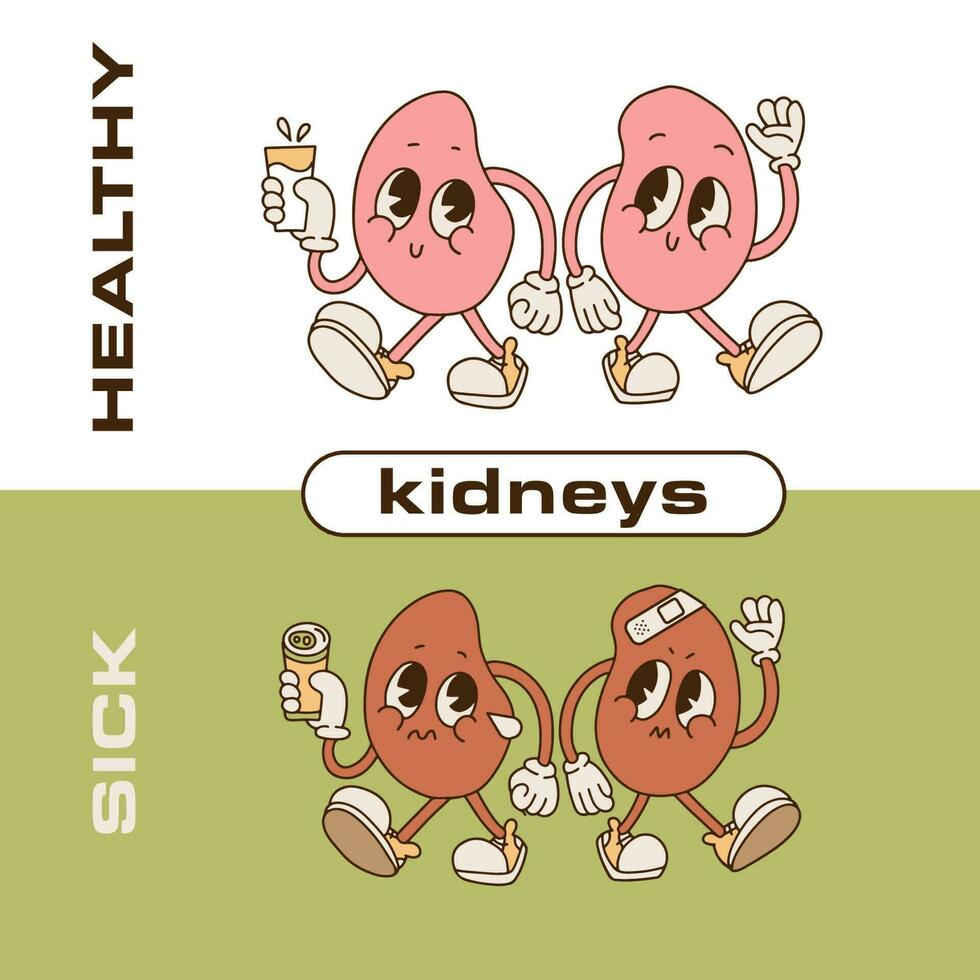 Sad suffering sick vs healthy smiling kidneys retro cartoon characters. Linear flat cartoon illustration. Unhealthy cry and happy kidneys mascot 90s style concept vector