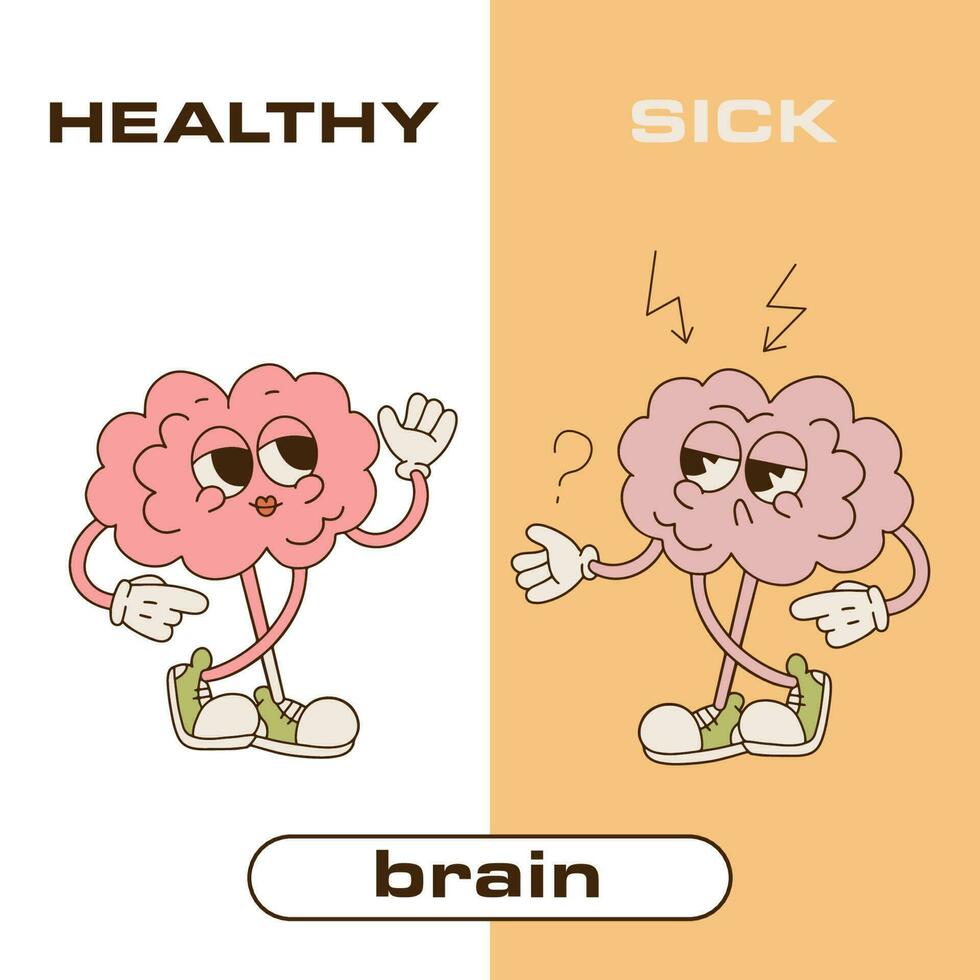 Sad unhealthy sick and strong healthy smiling happy brain. Retro cartoon character illustration. Brain problem concept vector