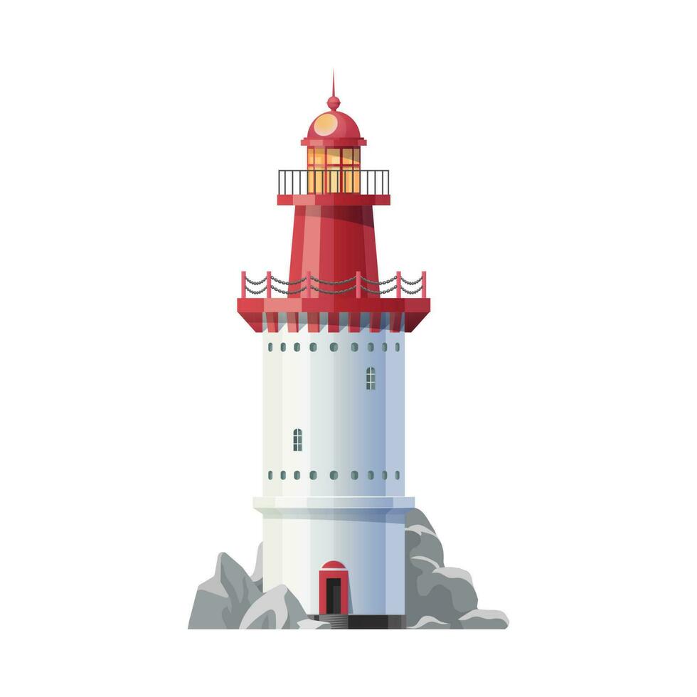 Vintage lighthouse building on rocky shore icon vector