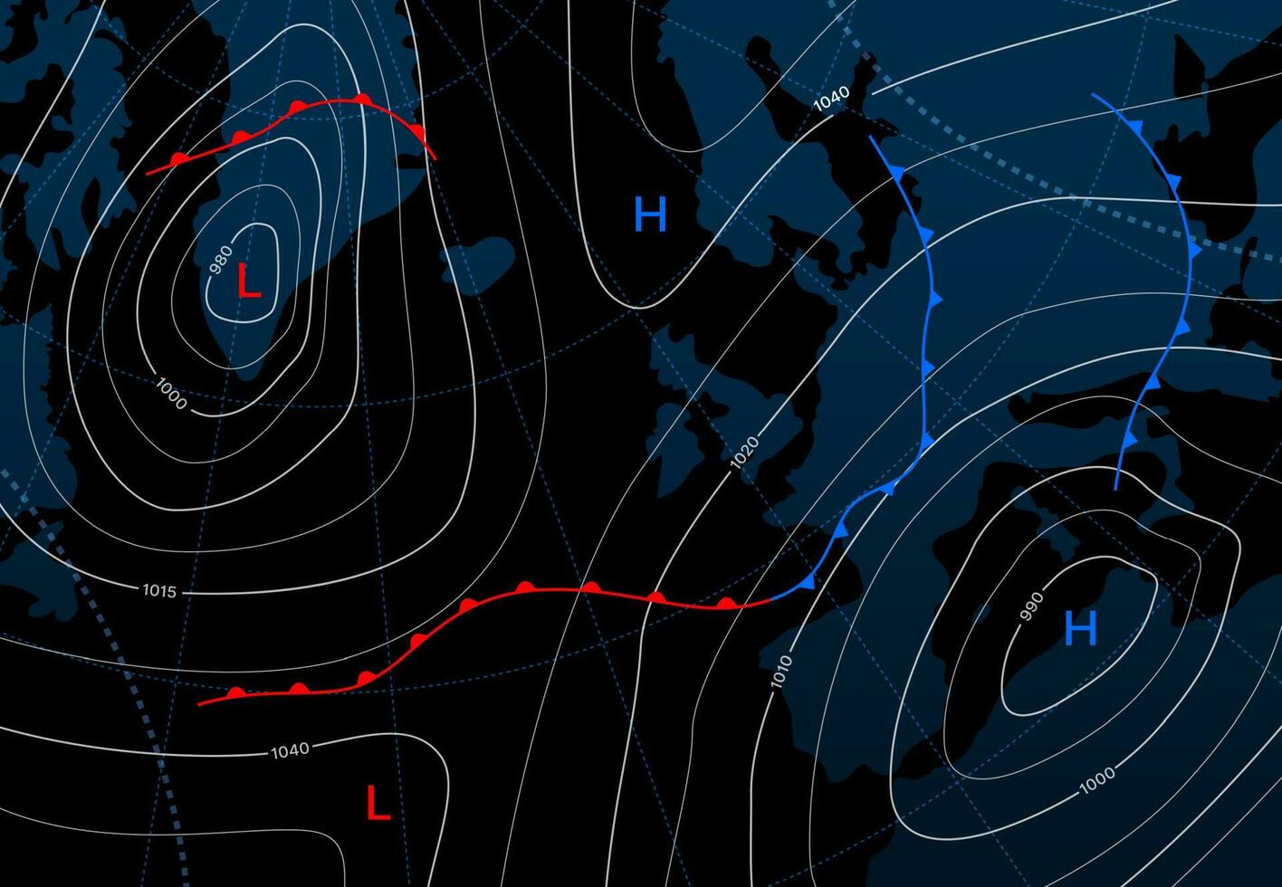 Forecast weather isobar map, temperature diagram vector