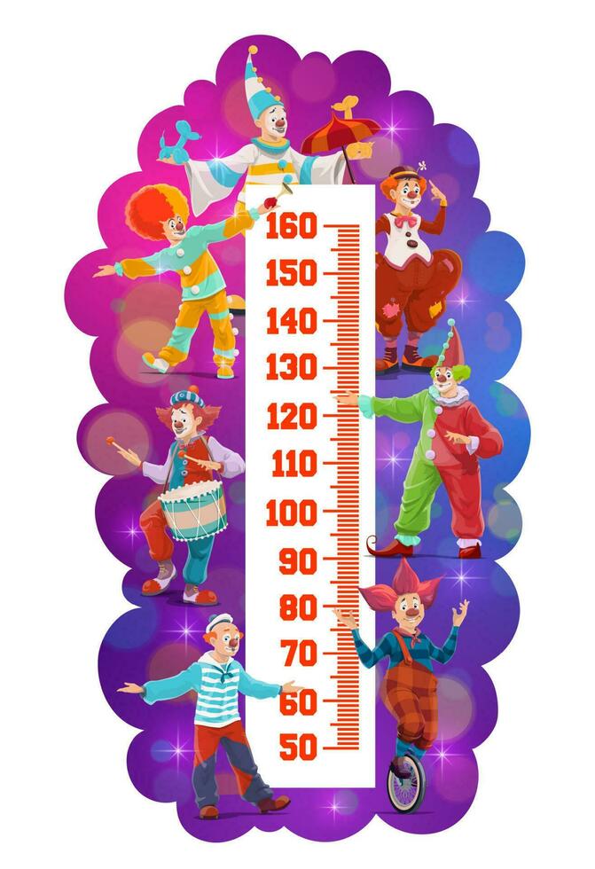 Kids height chart, shapito circus cartoon clowns vector